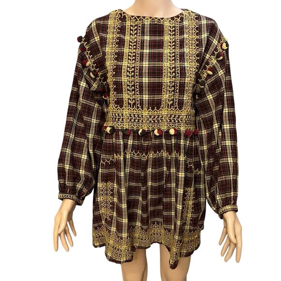 Zara Plaid Mini Dress Small Pom Pom Embroidered Flowy Loose Fit Balloon Sleeve - Picture 1 of 8